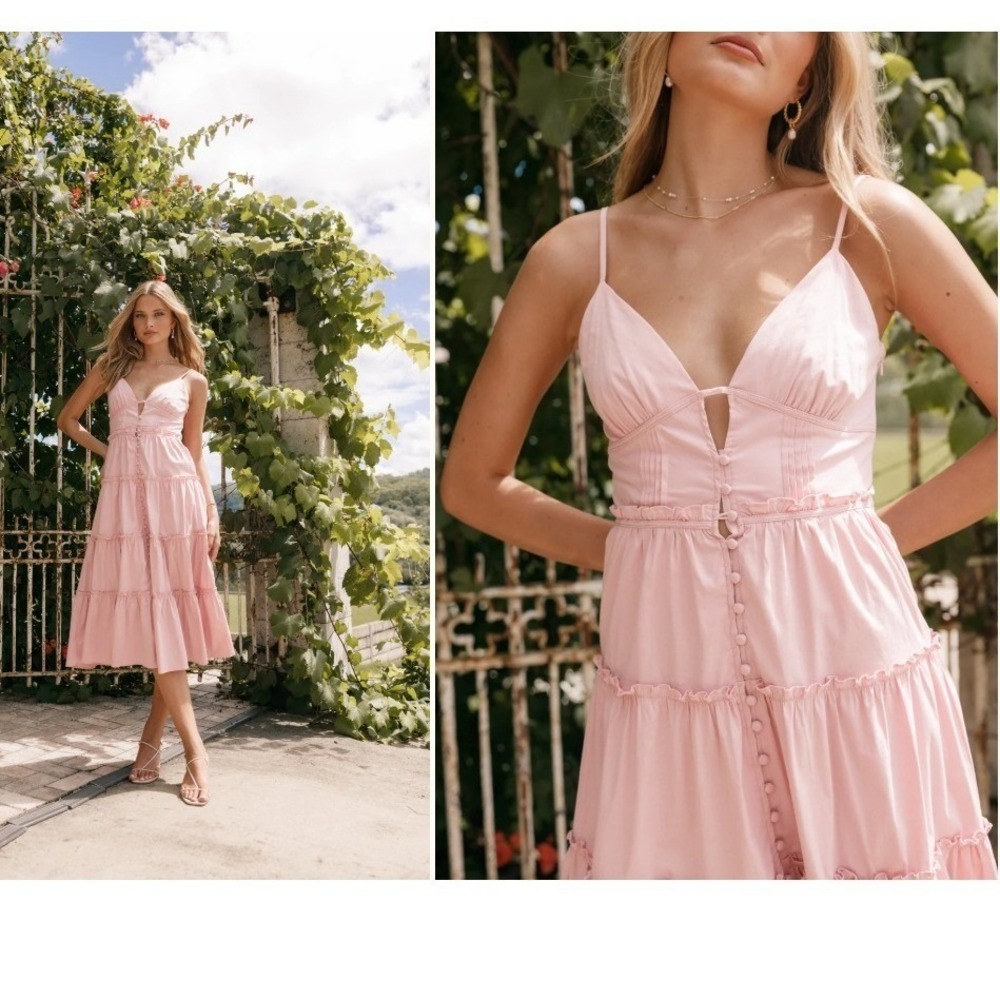 Storia Pink Tiered Midi Dress V-Neck Ruffle Cotton Blend Small
